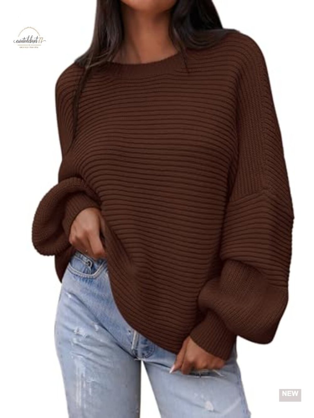 Oversized Chunky Knit Lantern Sleeve Sweater Crewneck Pullover